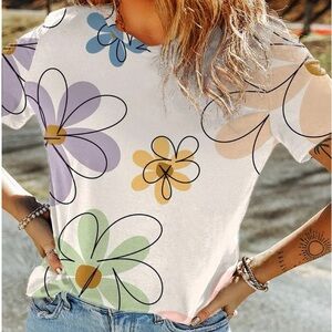 Beige Summer Floral Print Casual Round Neck T-Shirt